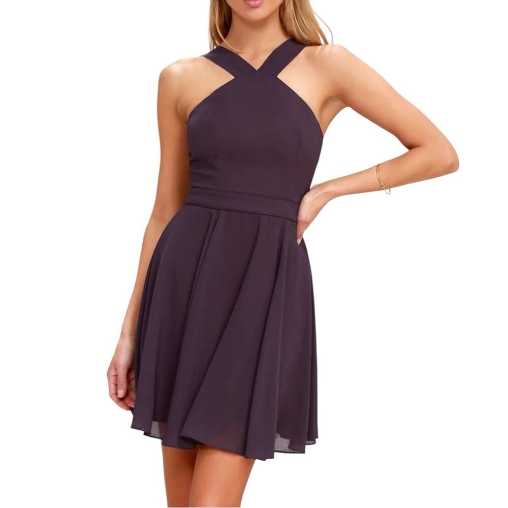 NWT Lulus Forevermore Dusty Purple Skater Halter Neck Mini Dress XS